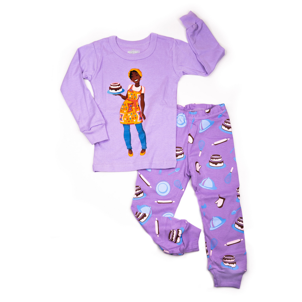 Purple Pajamas with a Black Baker on it